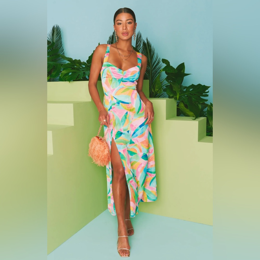 Show Me Your Mumu Mina Midi Dress - Tropicana Burst Luxe Satin